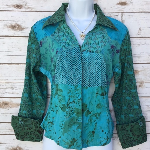 Green Blue Patchwork Floral Embroidered Blouse Top - Picture 3 of 8